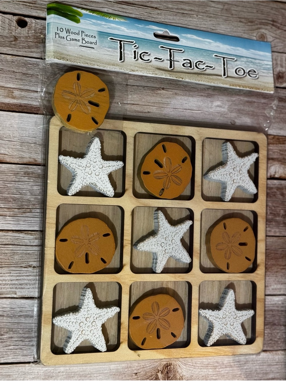 Tic-Tac-Toe Wooden Beach Game Set with White Starfish & Tan Sand Dollar Pieces